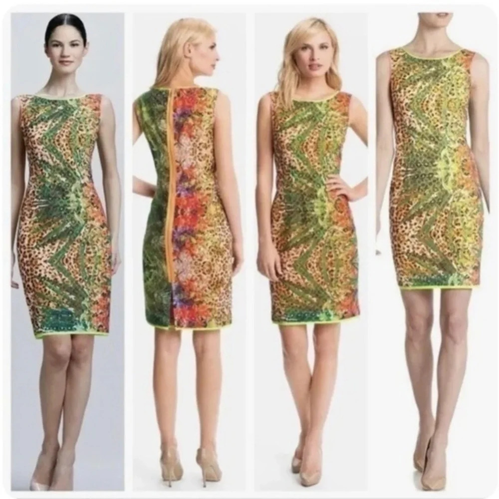 Elie Tahari Green Orange Animal-Print Sheath Midi Dress Perfect for a cruise!